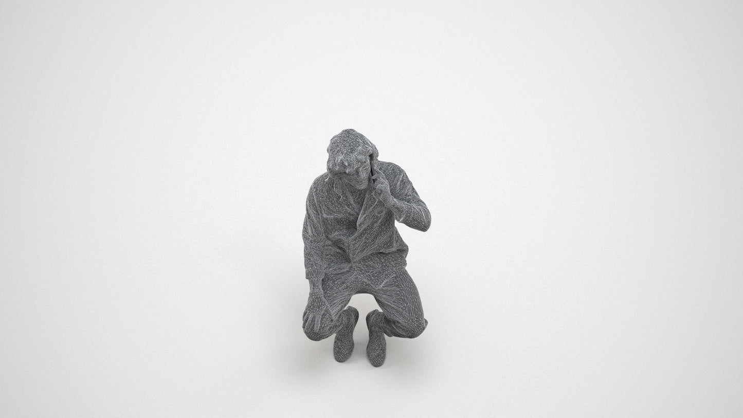 realistic 3D man casual sitting, scanned archviz people for Blender and 3ds Max, wireframe three-quarter view