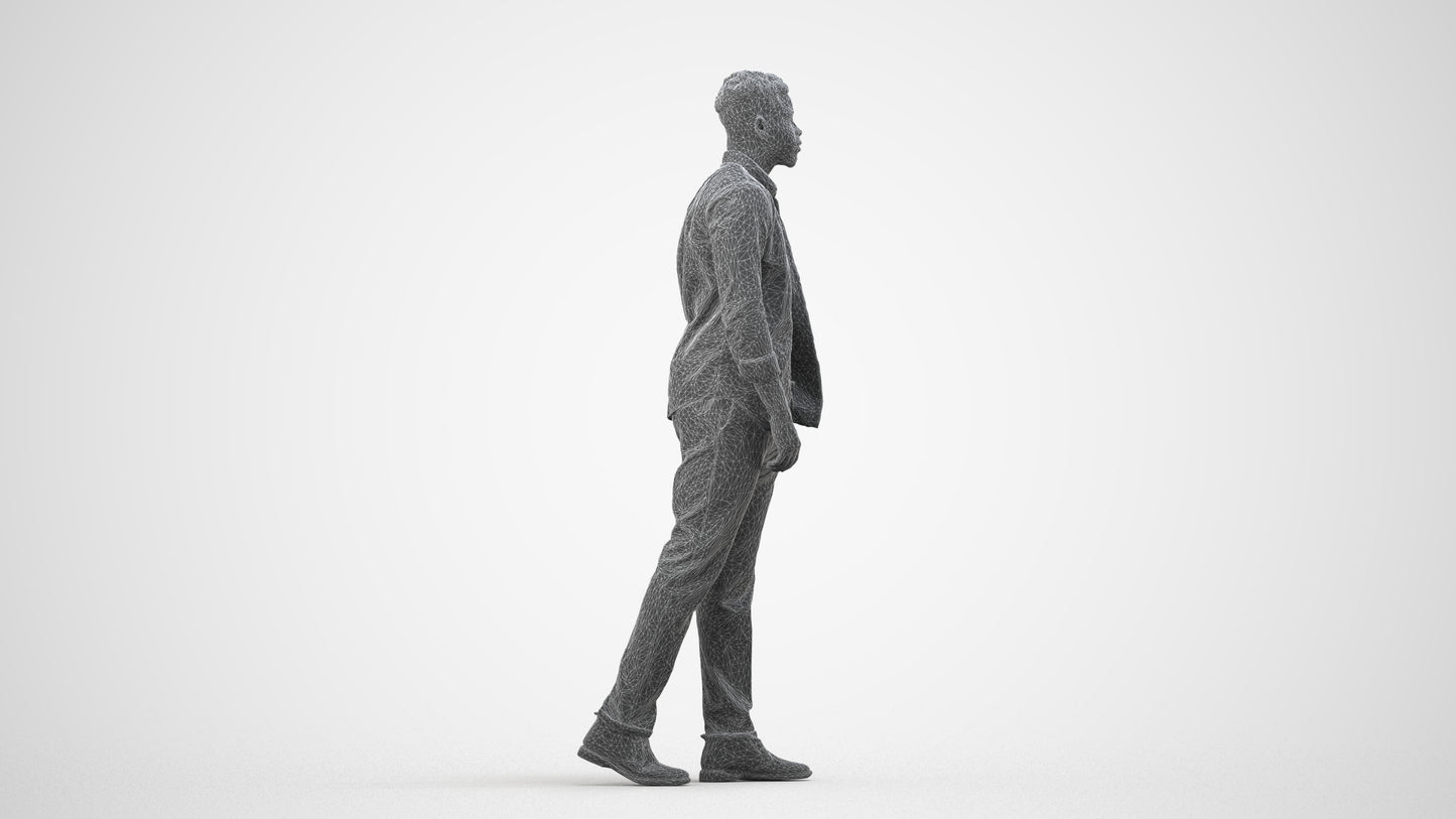 3D scanned man walking casual, photorealistic archviz people for Enscape and SketchUp, wireframe side view