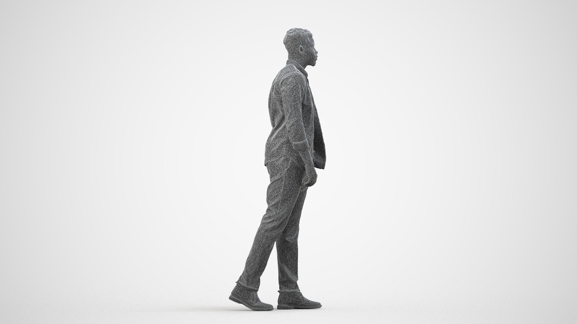 3D scanned man walking casual, photorealistic archviz people for Enscape and SketchUp, wireframe side view