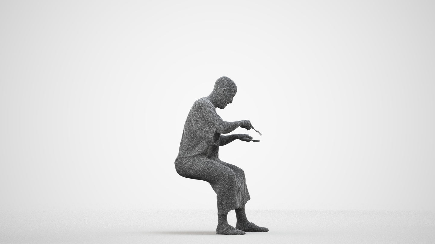 realistic 3D man sitting, scanned archviz people for Blender and 3ds Max, wireframe side view