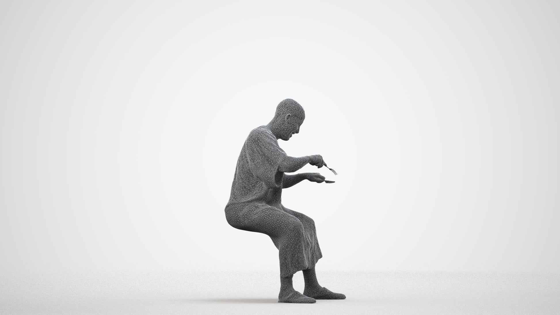 realistic 3D man sitting, scanned archviz people for Blender and 3ds Max, wireframe side view