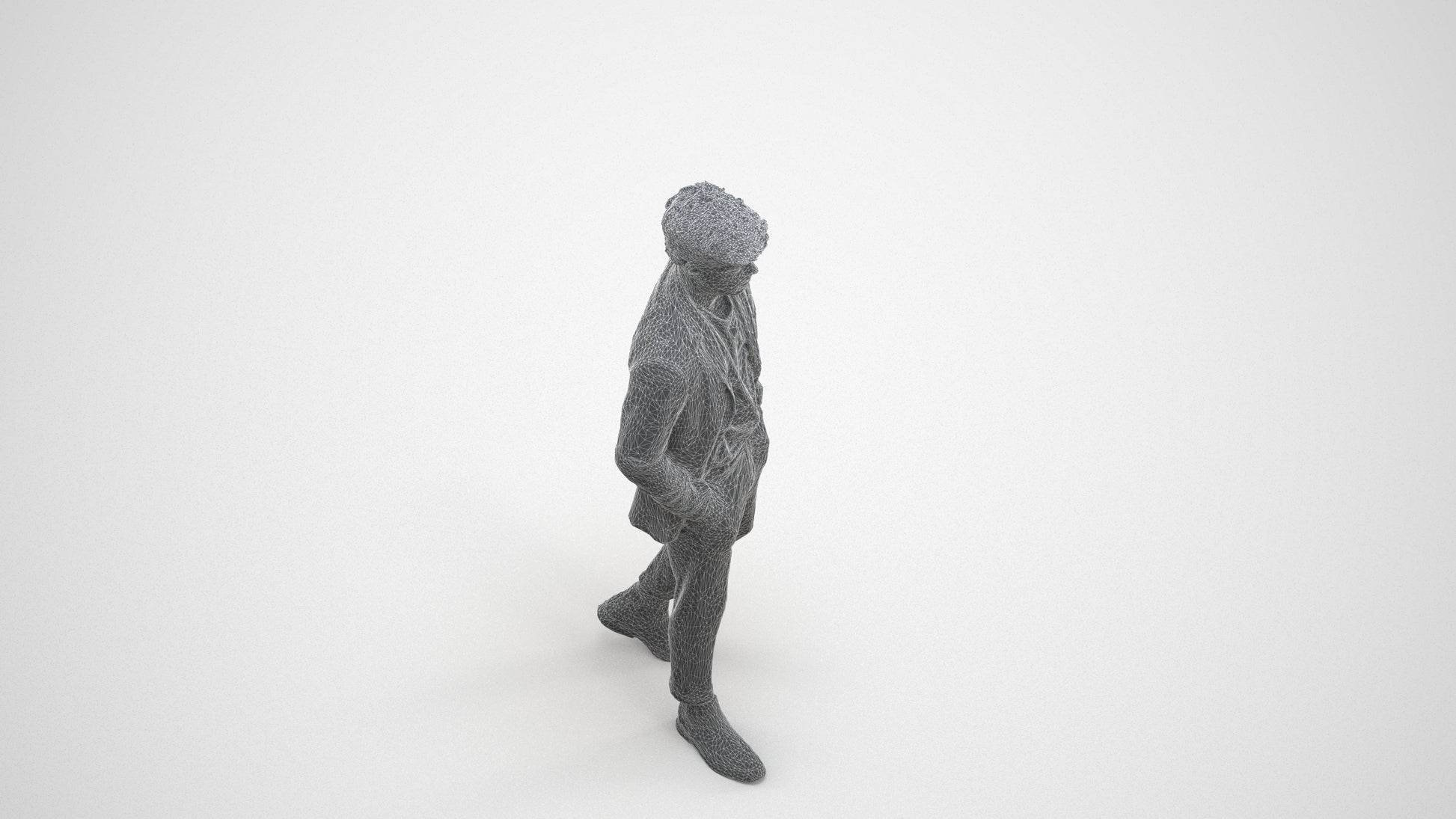 3D human model man business walking, photogrammetry scanned person for archviz, wireframe three-quarter view