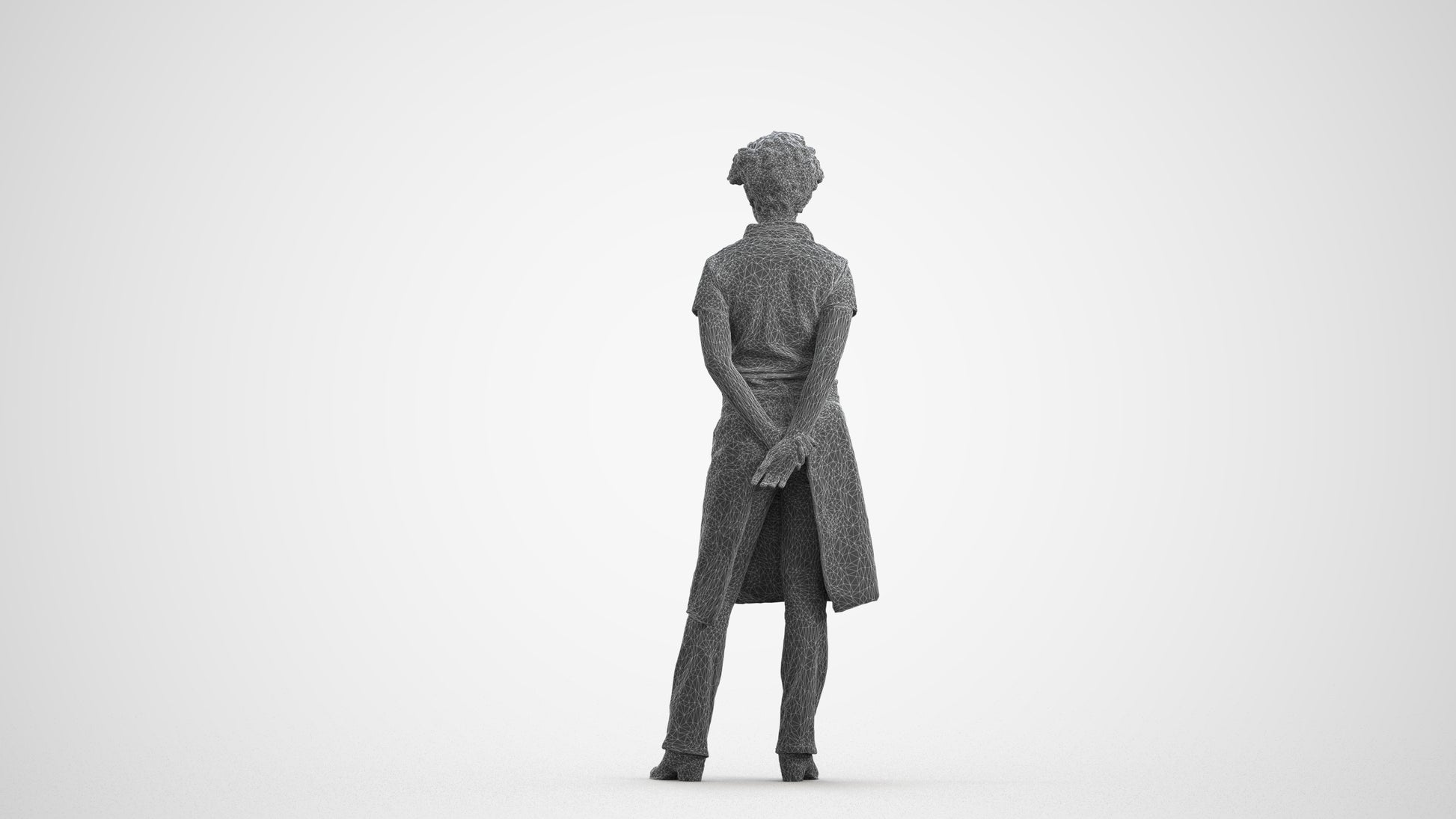 3D scanned woman standing, photorealistic archviz people for Enscape and SketchUp, wireframe front view