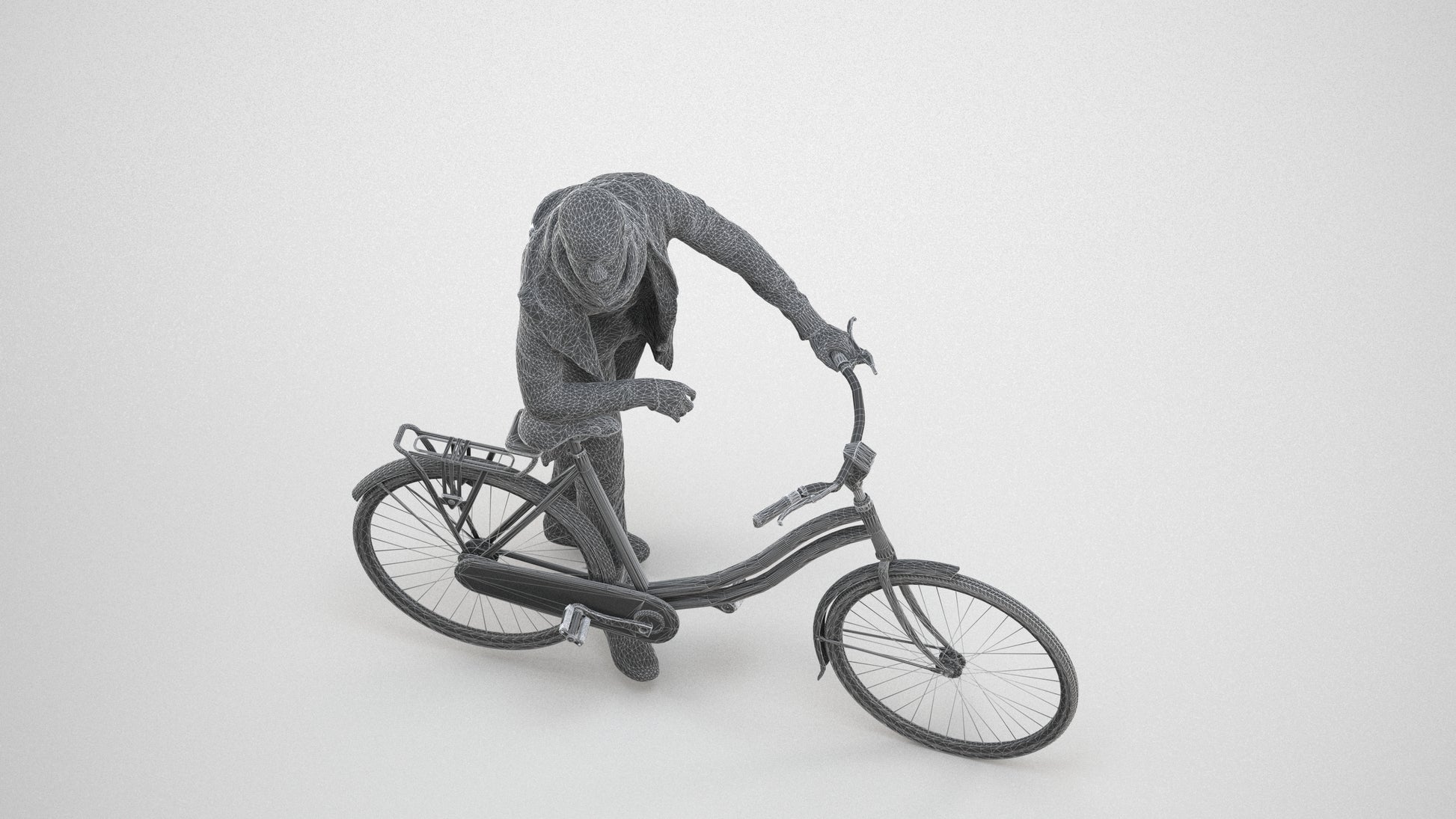 photogrammetry 3D man casual cycling, realistic human model archviz FBX, wireframe three-quarter view