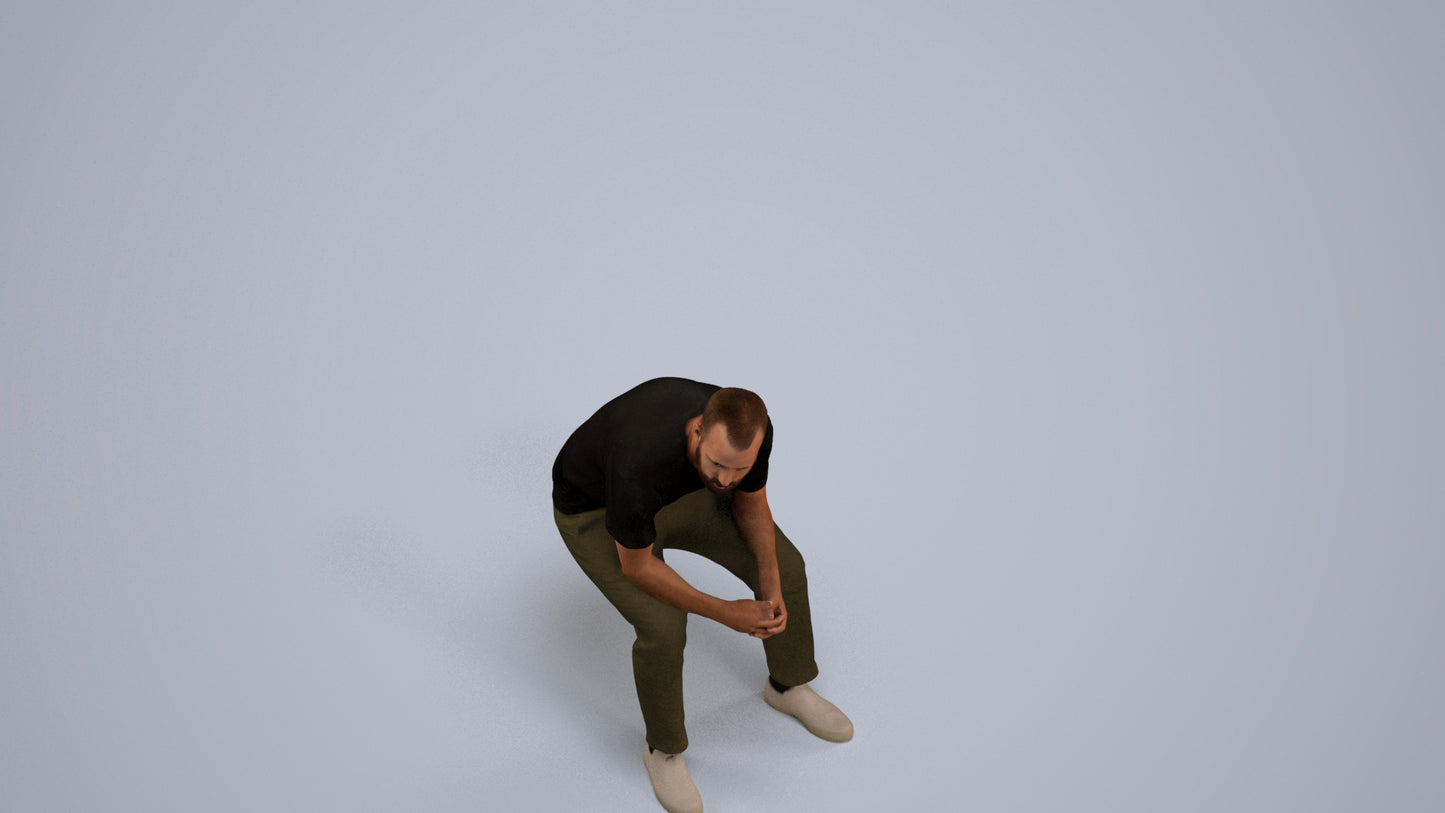3D people model man casual sitting, scanned human for 3ds Max rendering, back view render