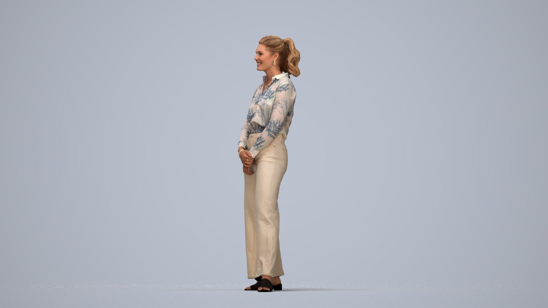 3D people model woman casual standing, scanned human for 3ds Max rendering, top-down view render