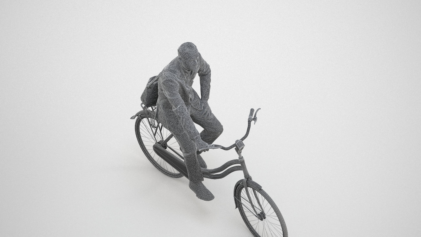 3D scanned man cycling business, photorealistic archviz people for Enscape and SketchUp, wireframe three-quarter view