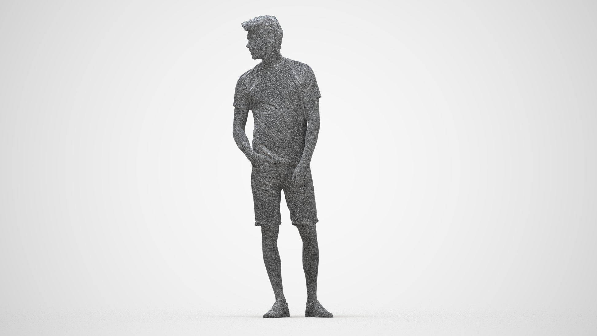 3D scanned man standing casual, photorealistic archviz people for Enscape and SketchUp, wireframe back view