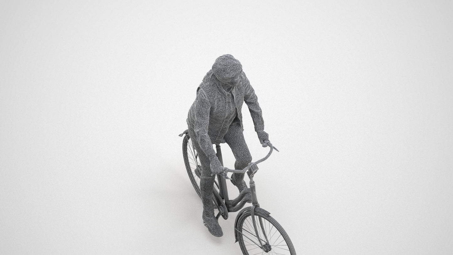 3D human model senior woman casual cycling, photogrammetry scanned person for archviz, wireframe three-quarter view