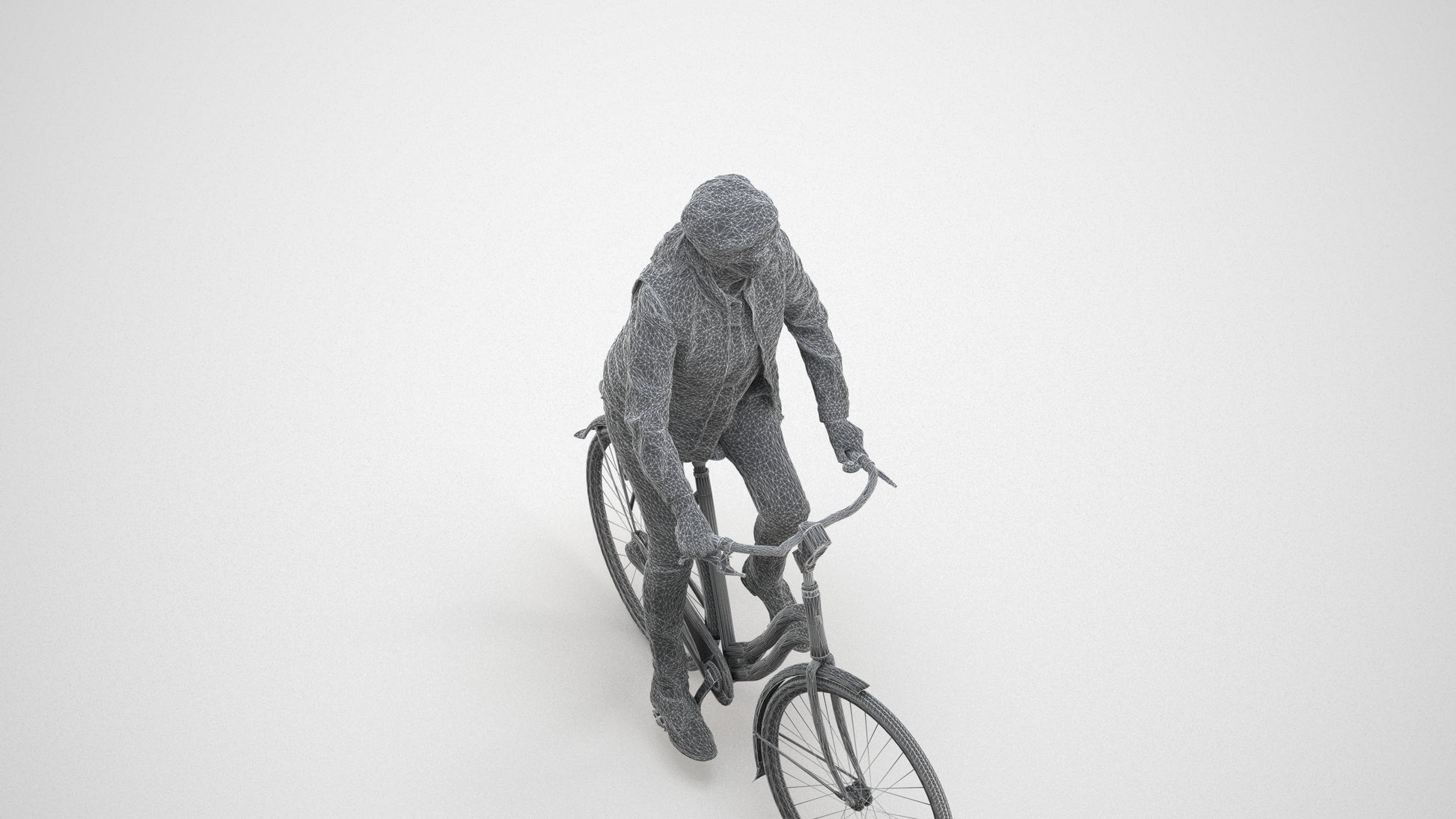 3D human model senior woman casual cycling, photogrammetry scanned person for archviz, wireframe three-quarter view