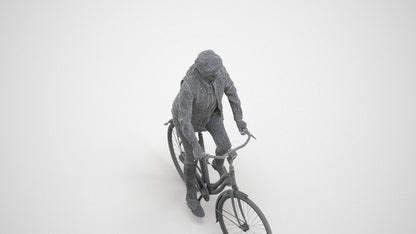 3D human model senior woman casual cycling, photogrammetry scanned person for archviz, wireframe three-quarter view