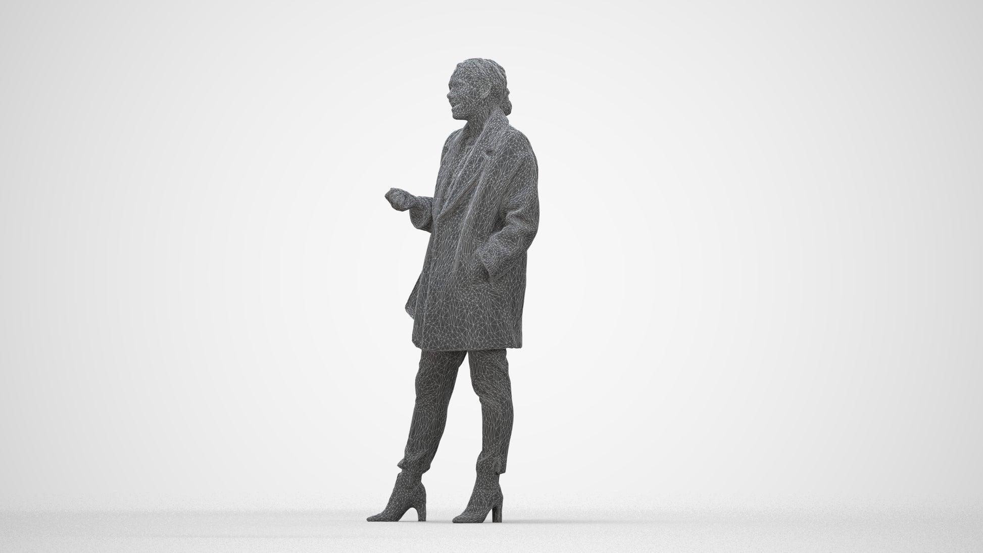 3D human model woman business standing, photogrammetry scanned person for archviz, wireframe back view