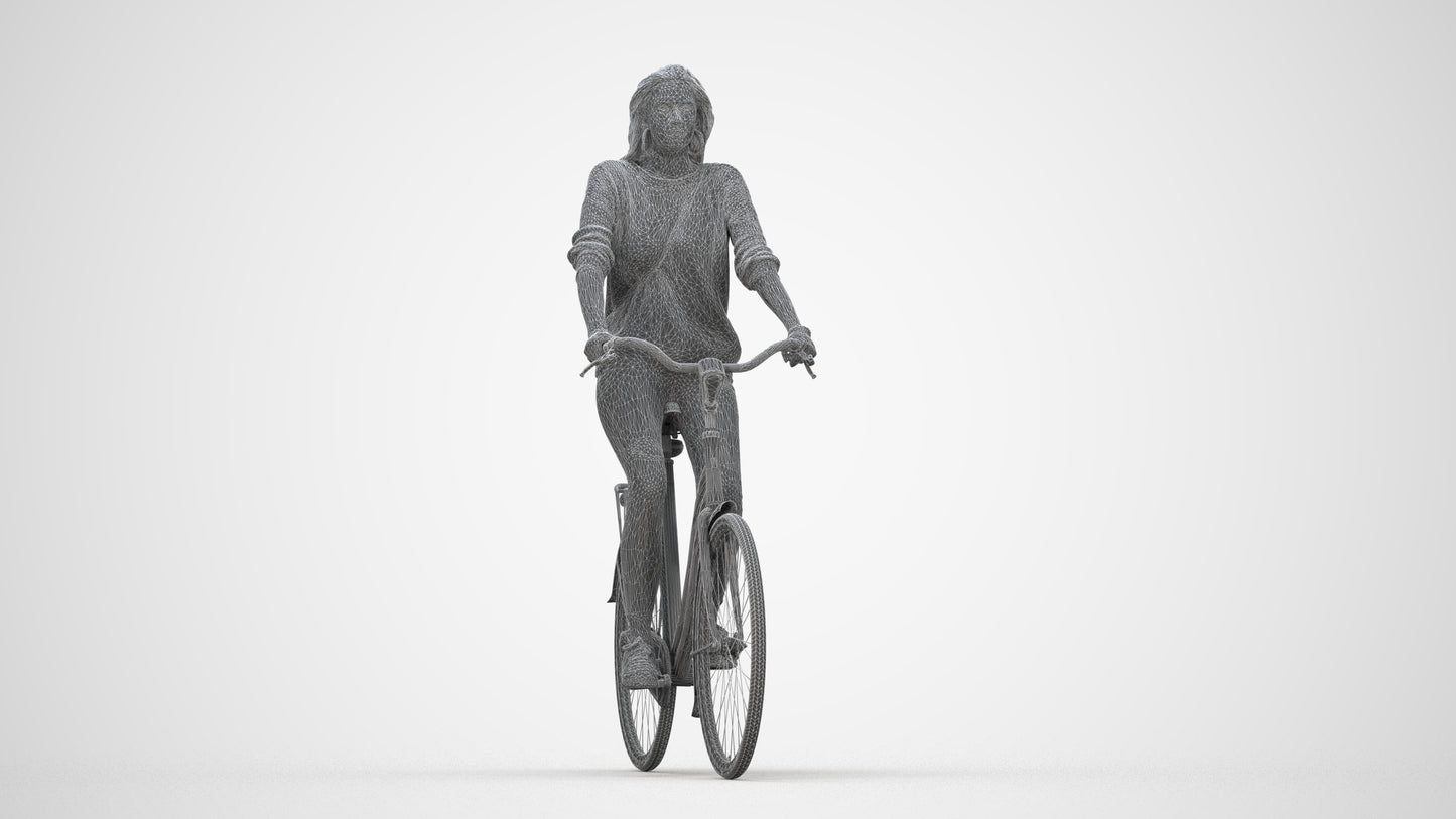 realistic 3D woman casual cycling, scanned archviz people for Blender and 3ds Max, wireframe back view