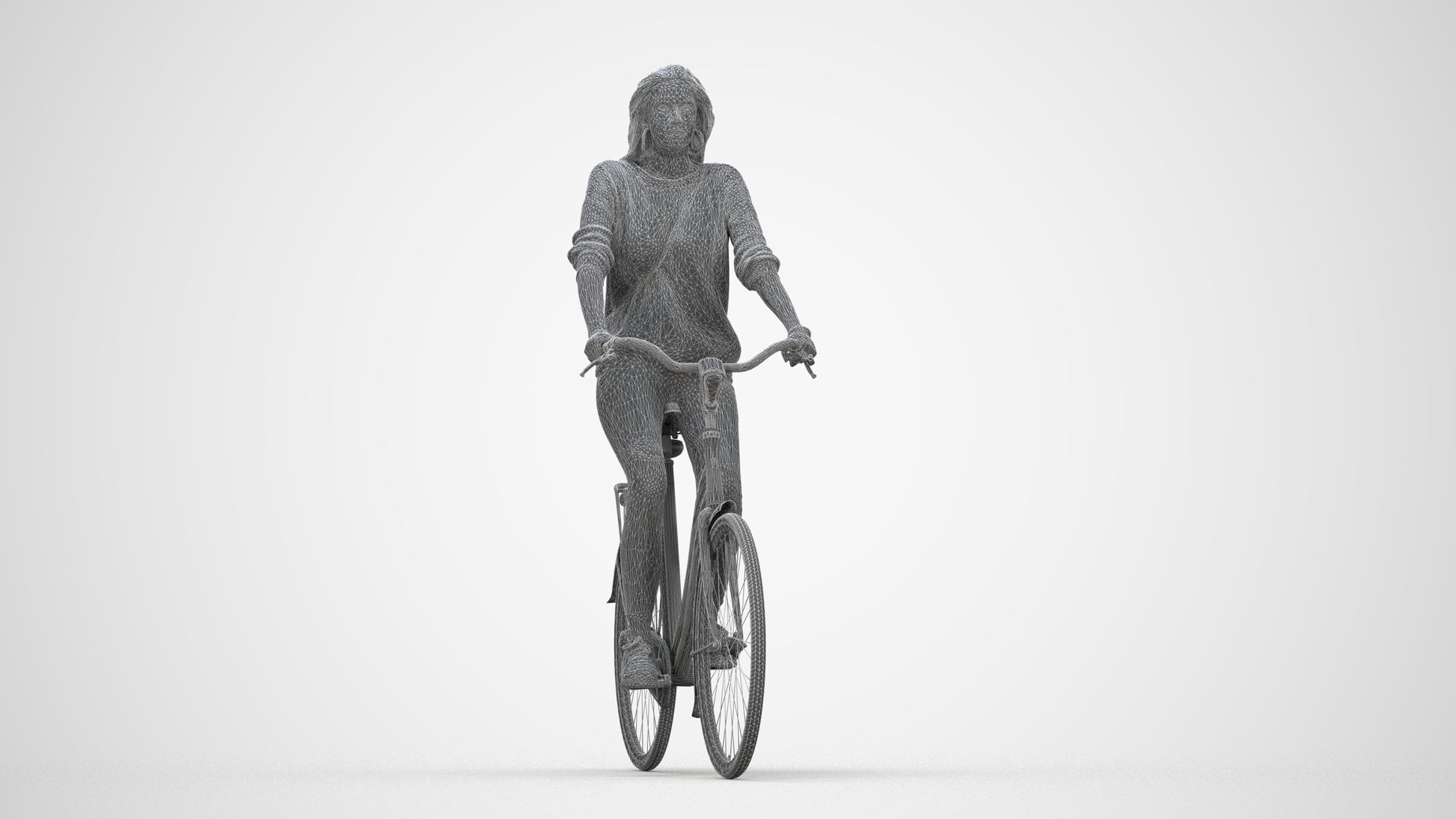 realistic 3D woman casual cycling, scanned archviz people for Blender and 3ds Max, wireframe back view