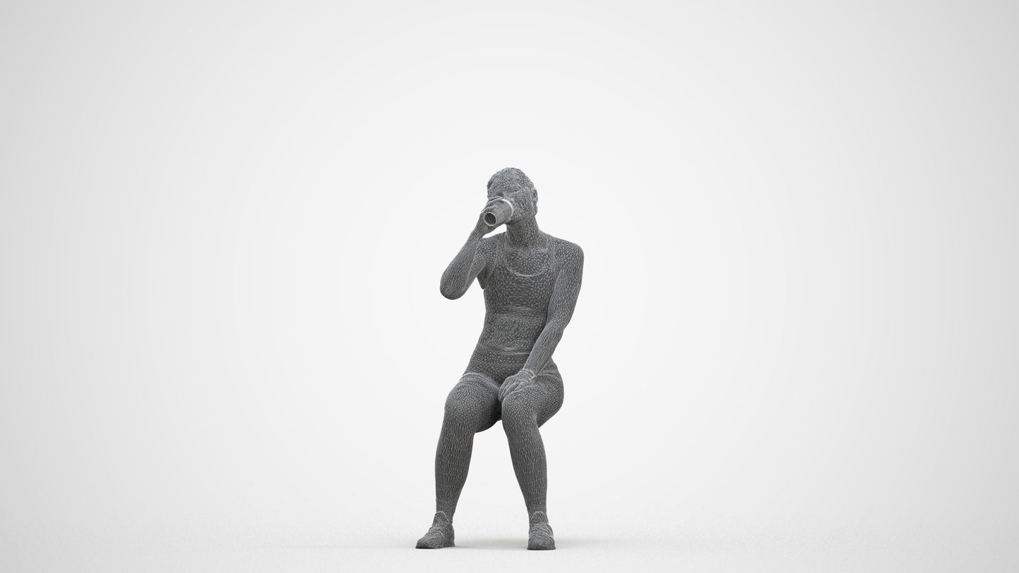 3D human model woman sport, photogrammetry scanned person for archviz, three-quarter front view render
