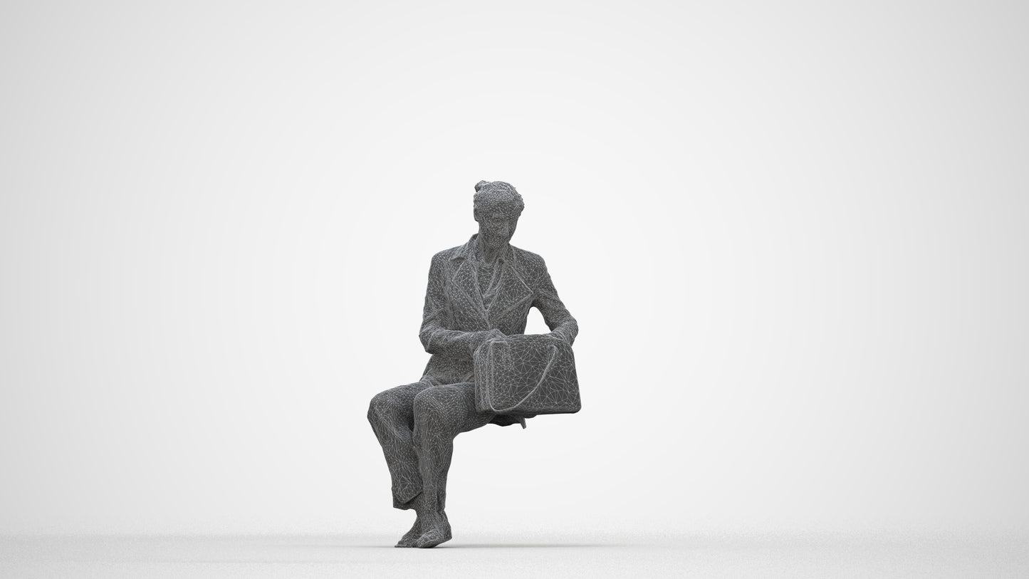 3D human model senior woman business sitting, photogrammetry scanned person for archviz, wireframe back view