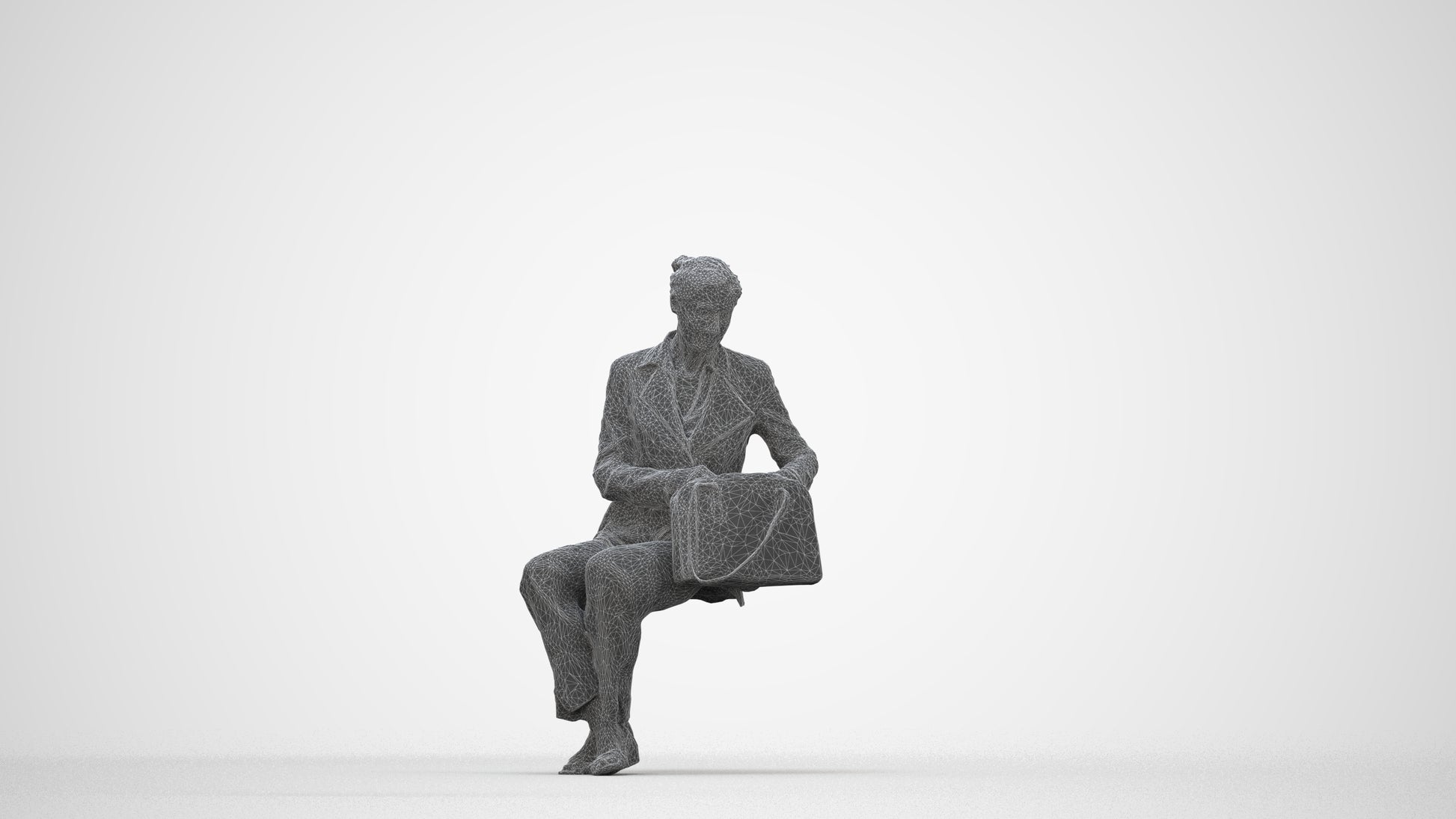 3D human model senior woman business sitting, photogrammetry scanned person for archviz, wireframe back view