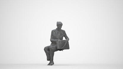 3D human model senior woman business sitting, photogrammetry scanned person for archviz, wireframe back view