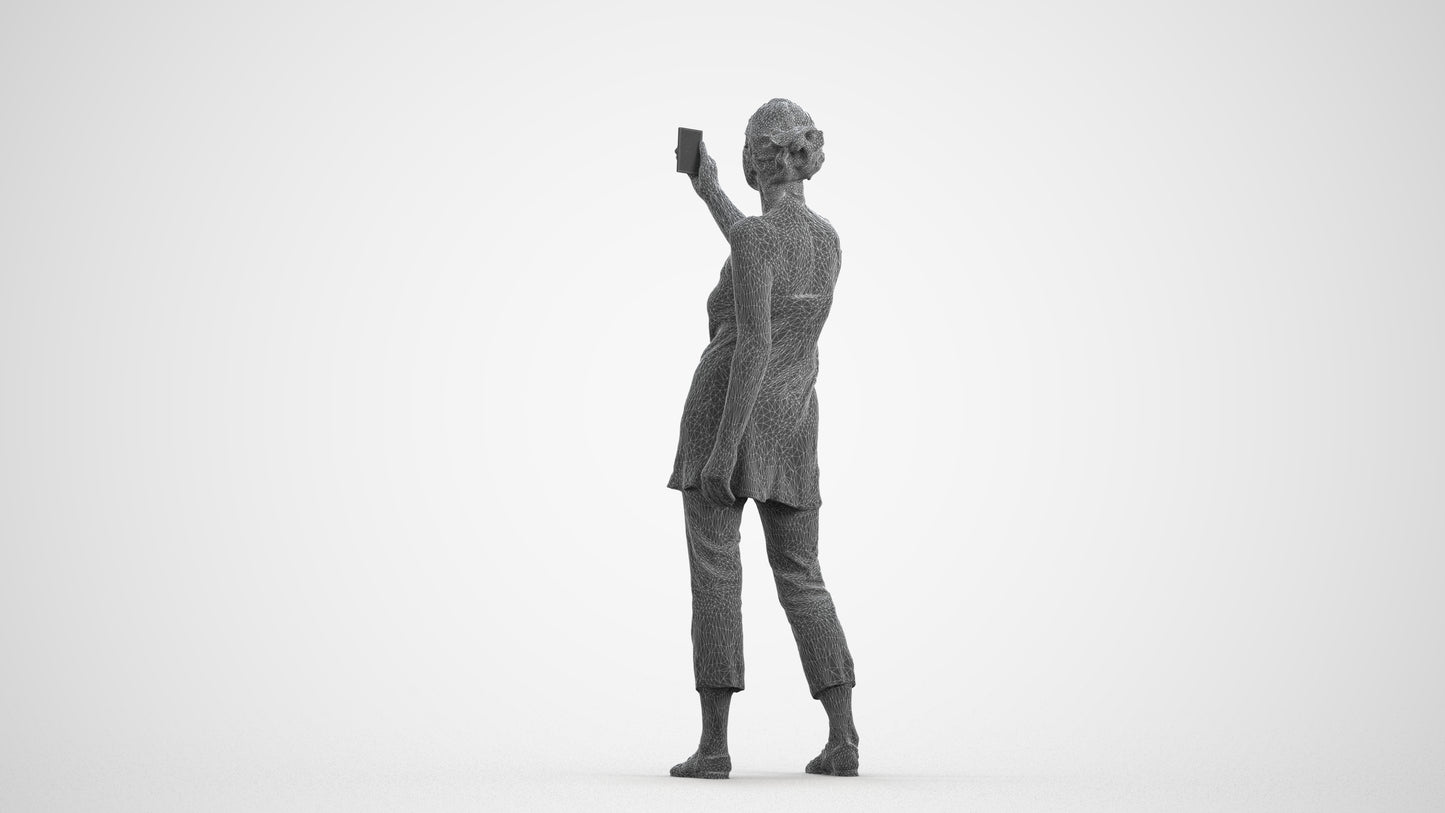 3D human model senior woman casual standing, photogrammetry scanned person for archviz, wireframe front view
