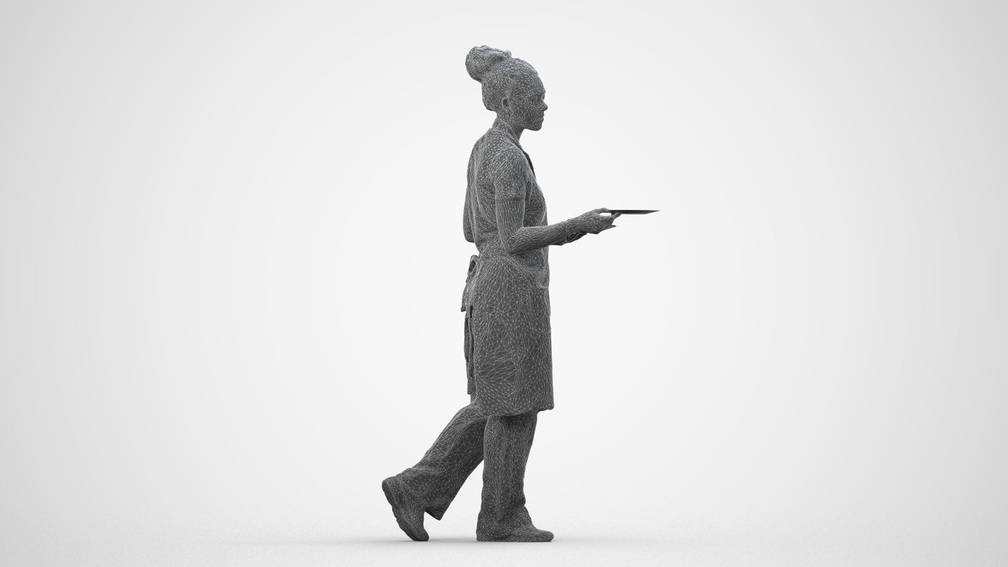 realistic 3D woman hospitality, scanned archviz people for Blender and 3ds Max, wireframe side view