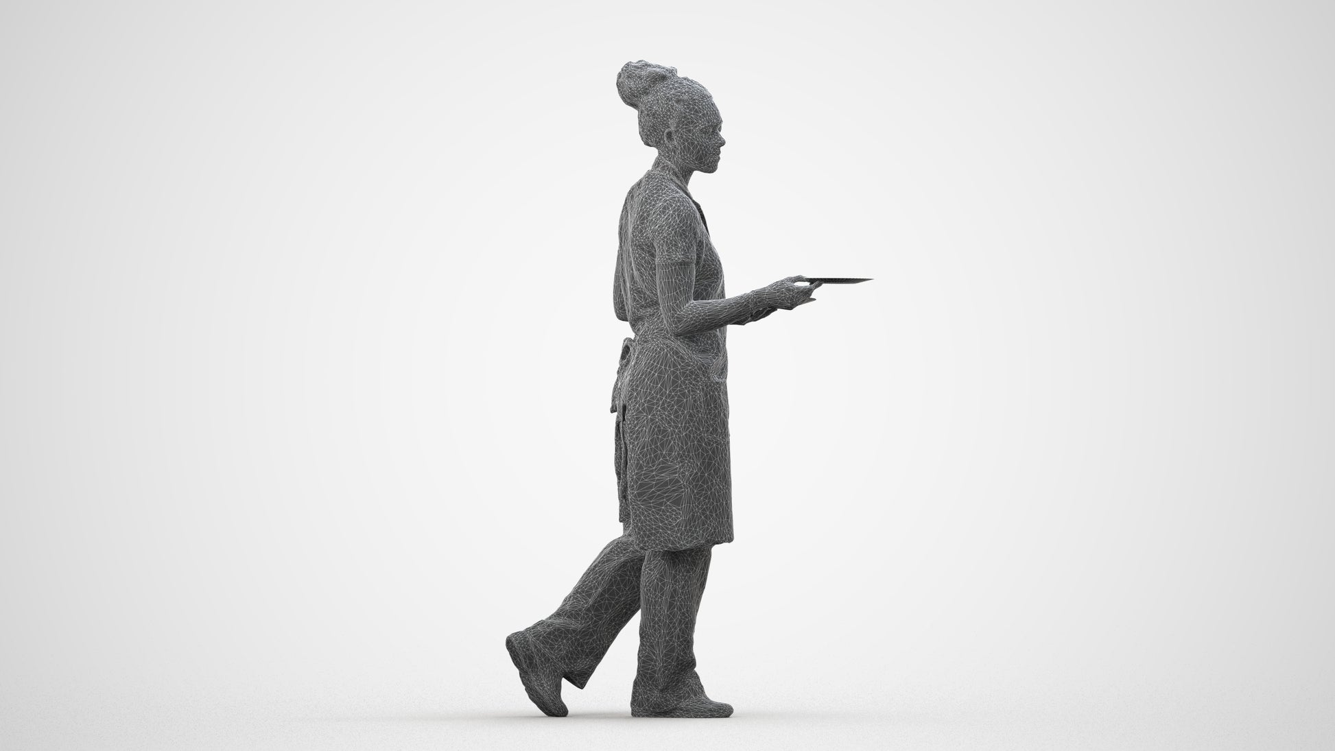 realistic 3D woman hospitality, scanned archviz people for Blender and 3ds Max, wireframe side view