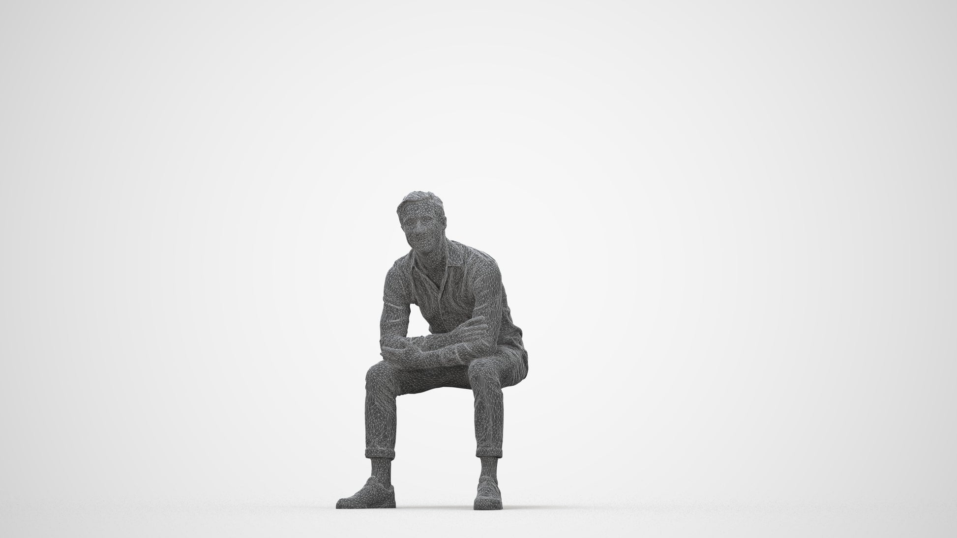 3D scanned man sitting casual, photorealistic archviz people for Enscape and SketchUp, wireframe back view