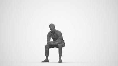 3D scanned man sitting casual, photorealistic archviz people for Enscape and SketchUp, wireframe back view