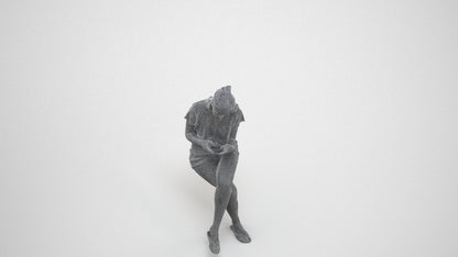 3D human model woman casual sitting, photogrammetry scanned person for archviz, wireframe three-quarter view