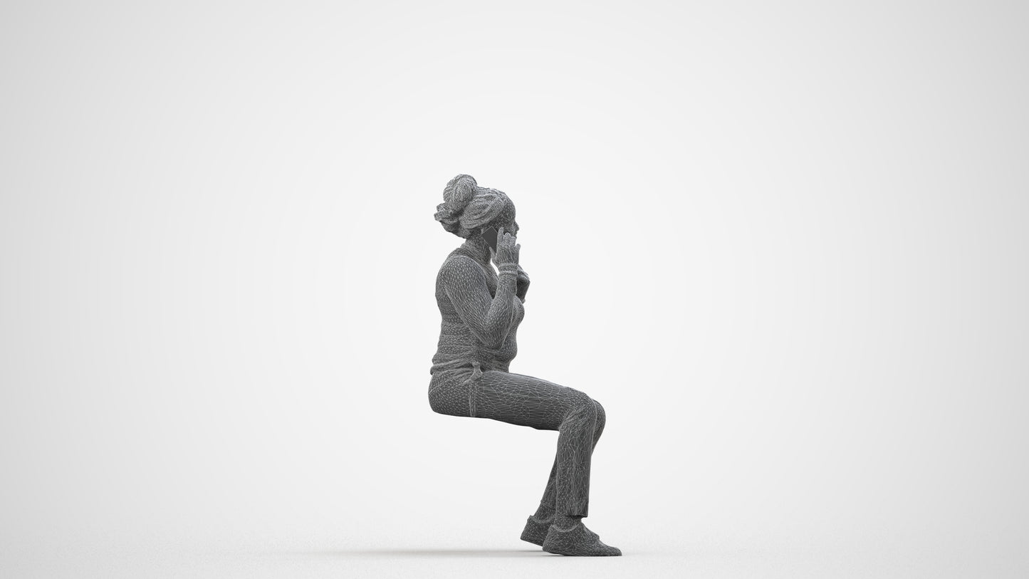scanned 3D woman casual sitting, photogrammetry people for Enscape and V-Ray, wireframe side view