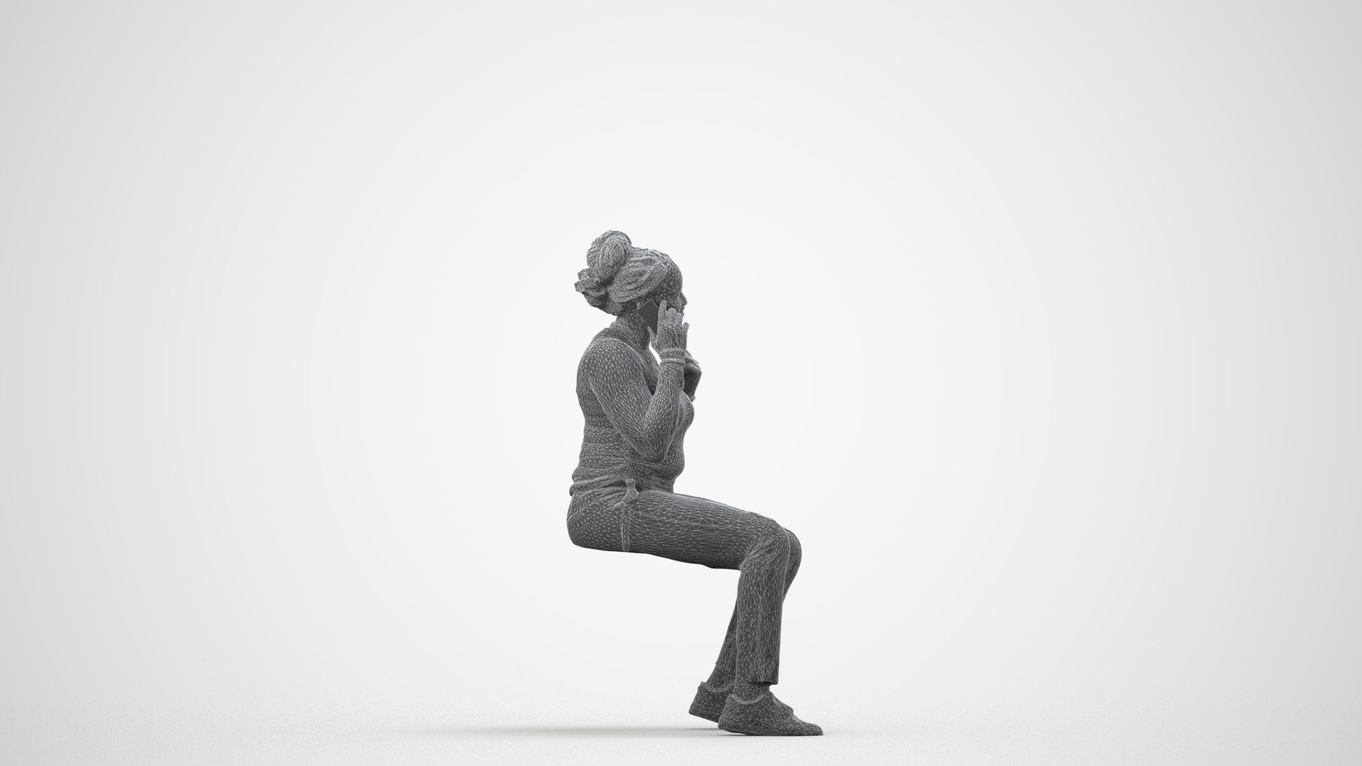 scanned 3D woman casual sitting, photogrammetry people for Enscape and V-Ray, wireframe side view