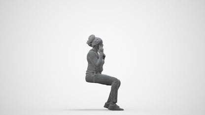 scanned 3D woman casual sitting, photogrammetry people for Enscape and V-Ray, wireframe side view