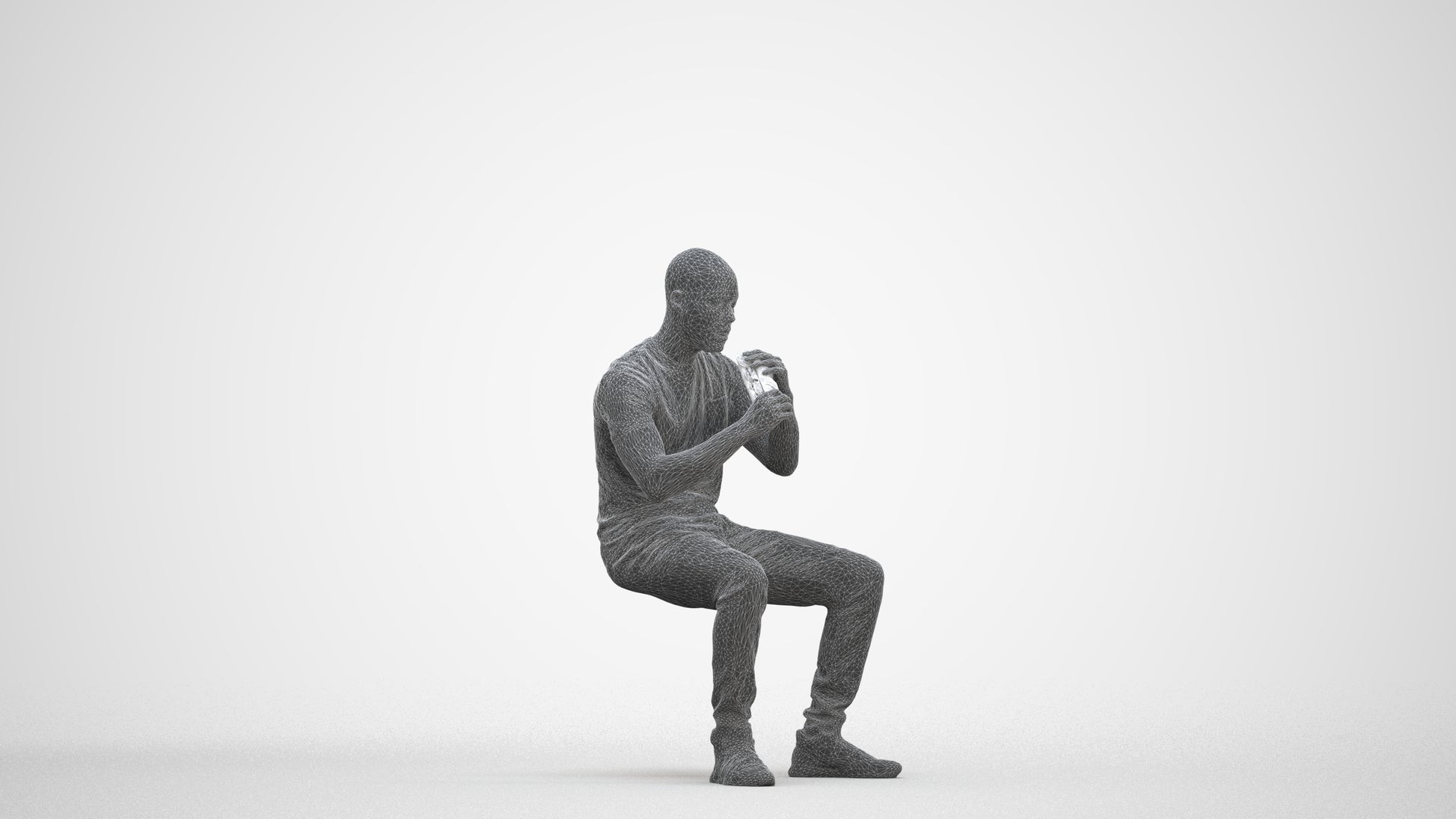 3D human model man casual sitting, photogrammetry scanned person for archviz, three-quarter front view render