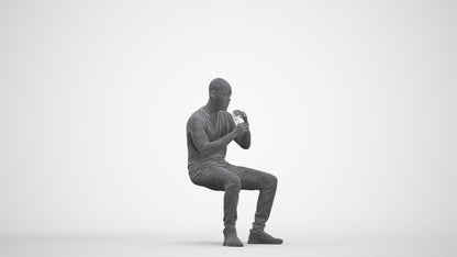 3D human model man casual sitting, photogrammetry scanned person for archviz, three-quarter front view render