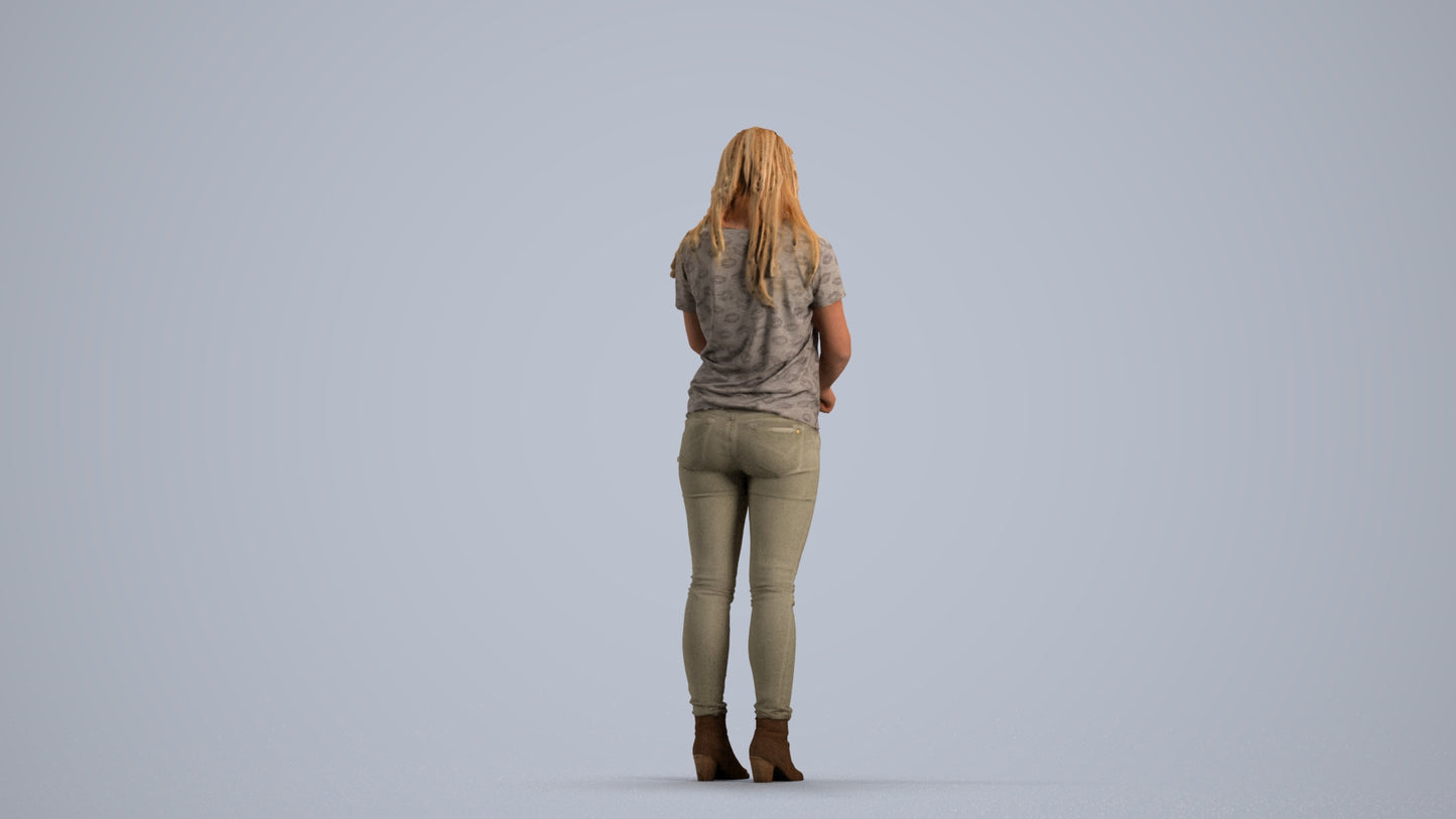 3D human model woman casual standing, photogrammetry scanned person for archviz, front view render