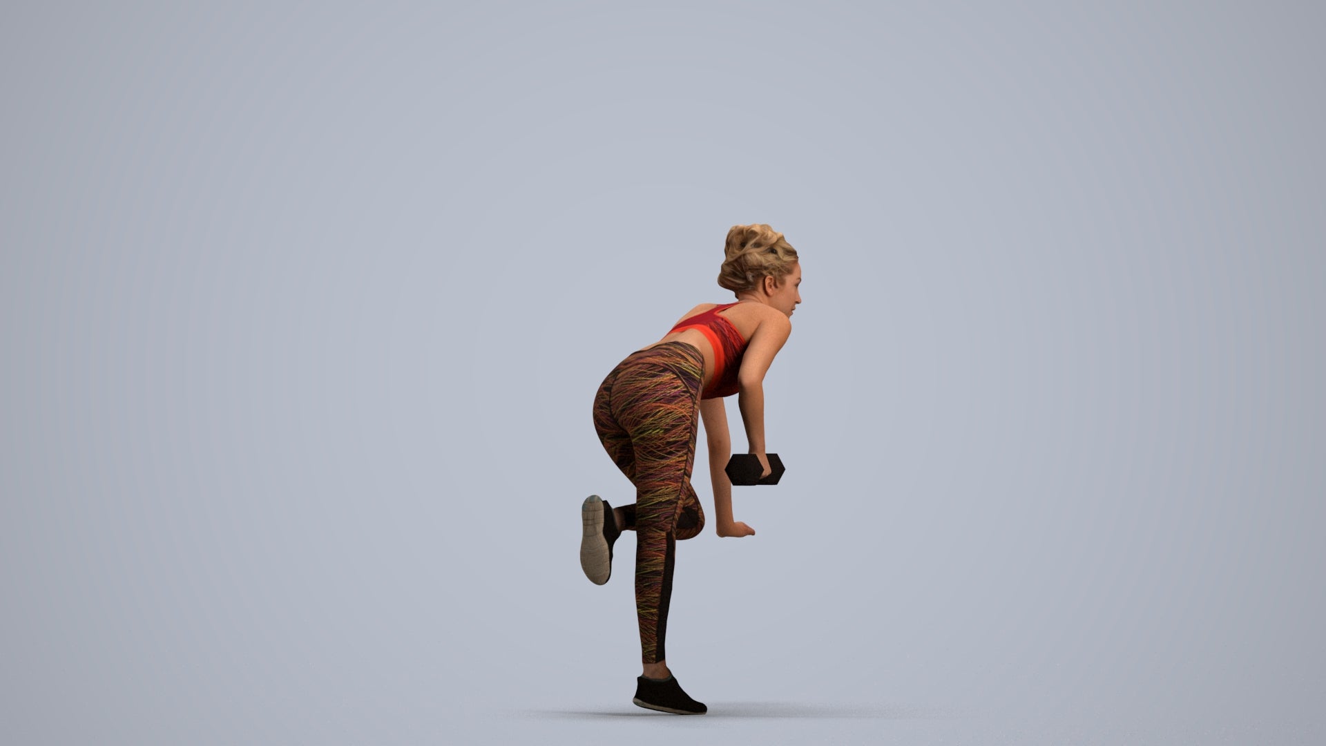3D human model woman sport, photogrammetry scanned person for archviz, front view render