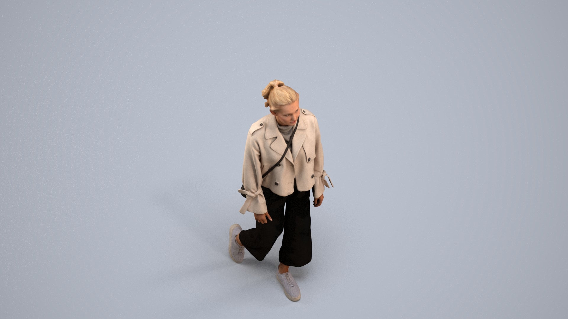 3D human model woman casual walking, photogrammetry scanned person for archviz, back view render
