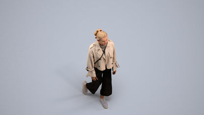 3D human model woman casual walking, photogrammetry scanned person for archviz, back view render