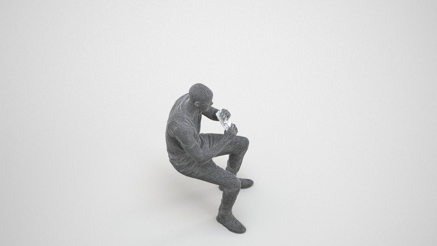 3D human model man casual sitting, photogrammetry scanned person for archviz, wireframe three-quarter view