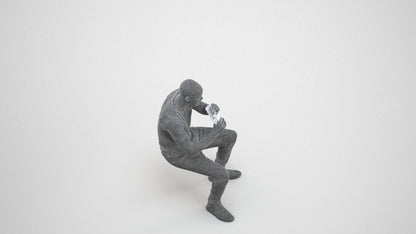 3D human model man casual sitting, photogrammetry scanned person for archviz, wireframe three-quarter view