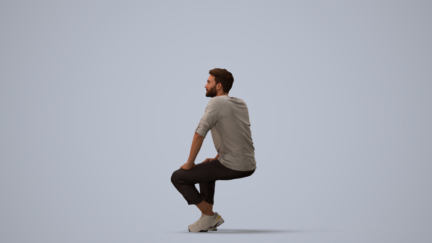 3D human model man casual sitting, photogrammetry scanned person for archviz, three-quarter view render