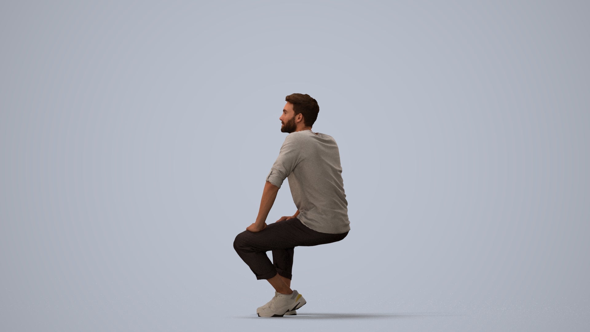 3D human model man casual sitting, photogrammetry scanned person for archviz, three-quarter view render