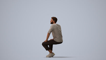 3D human model man casual sitting, photogrammetry scanned person for archviz, three-quarter view render