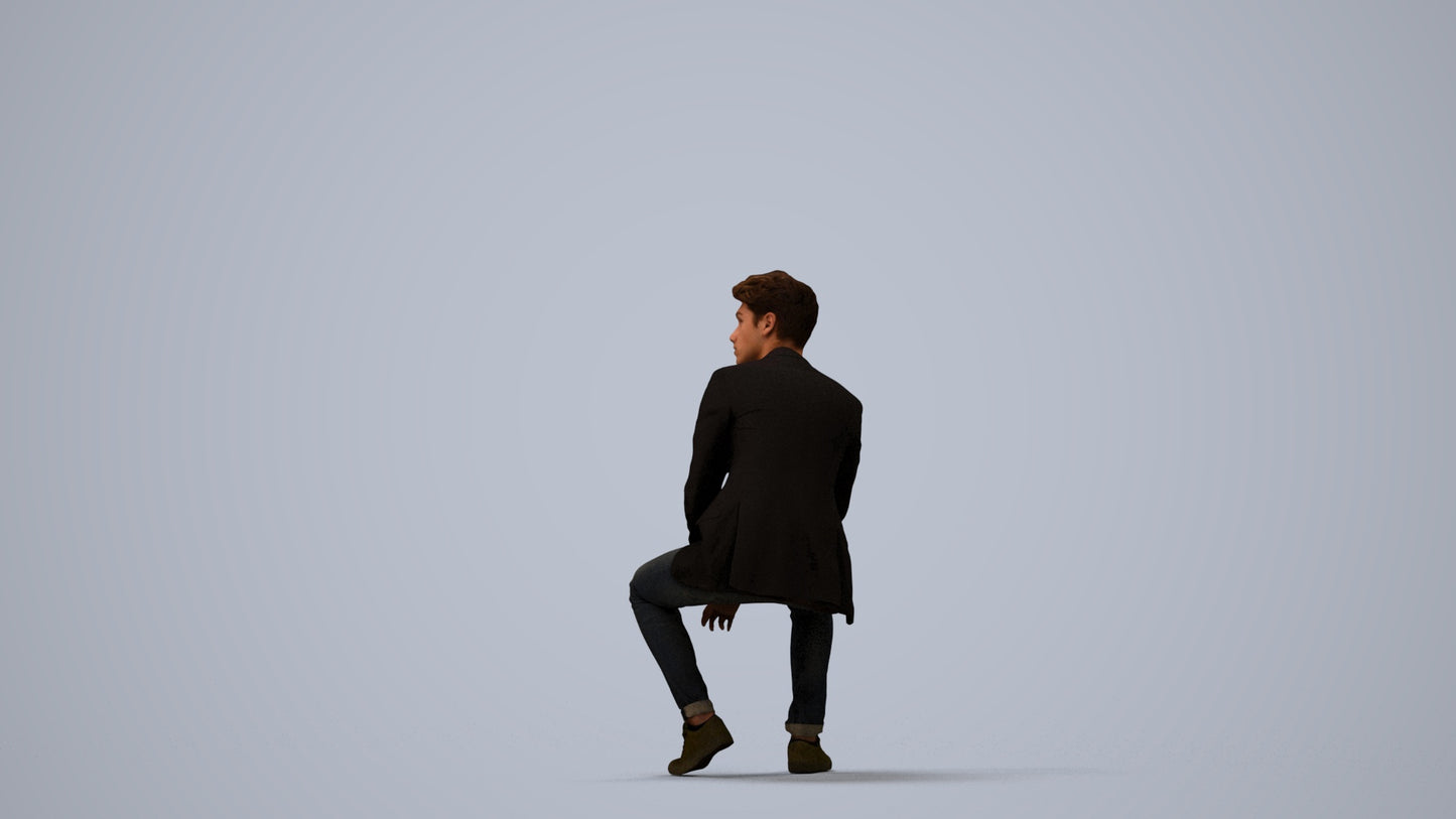3D people model man casual sitting, scanned human for 3ds Max rendering, three-quarter view render