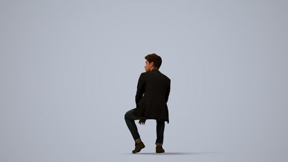 3D people model man casual sitting, scanned human for 3ds Max rendering, three-quarter view render