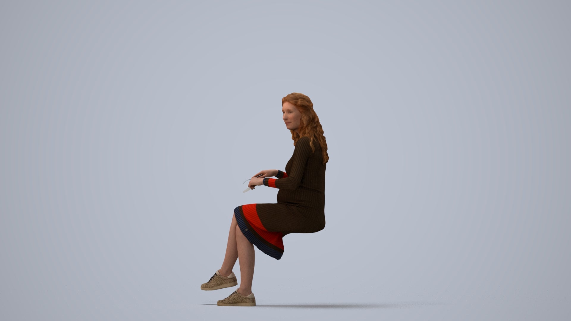 3D people model woman casual sitting, scanned human for 3ds Max rendering, three-quarter view render
