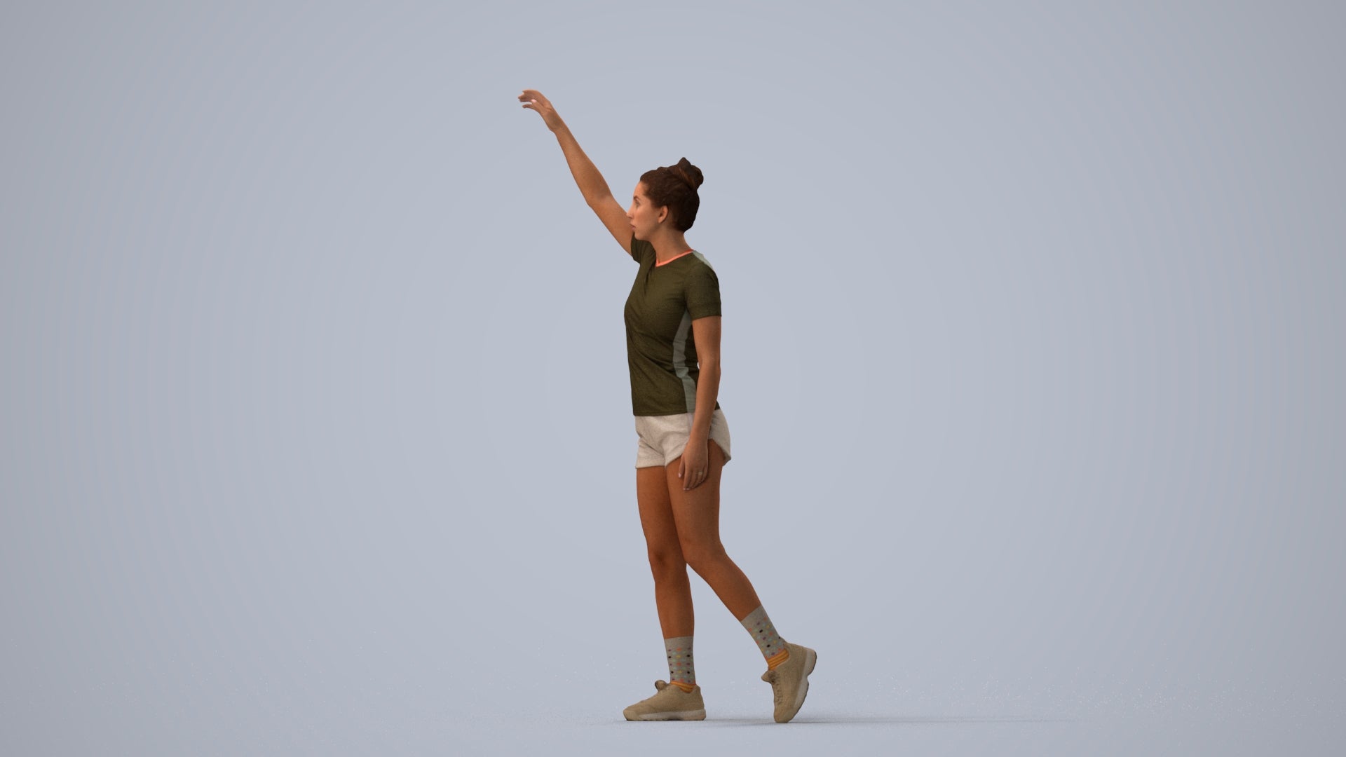 3D human model woman sport, photogrammetry scanned person for archviz, three-quarter view render