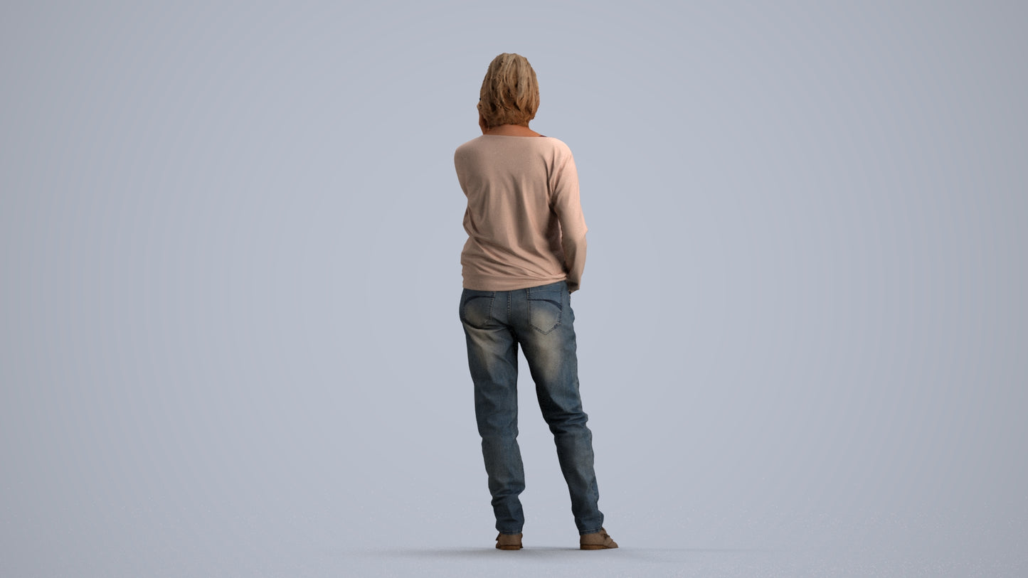 realistic 3D woman casual standing, scanned archviz people for Blender and 3ds Max, front view render