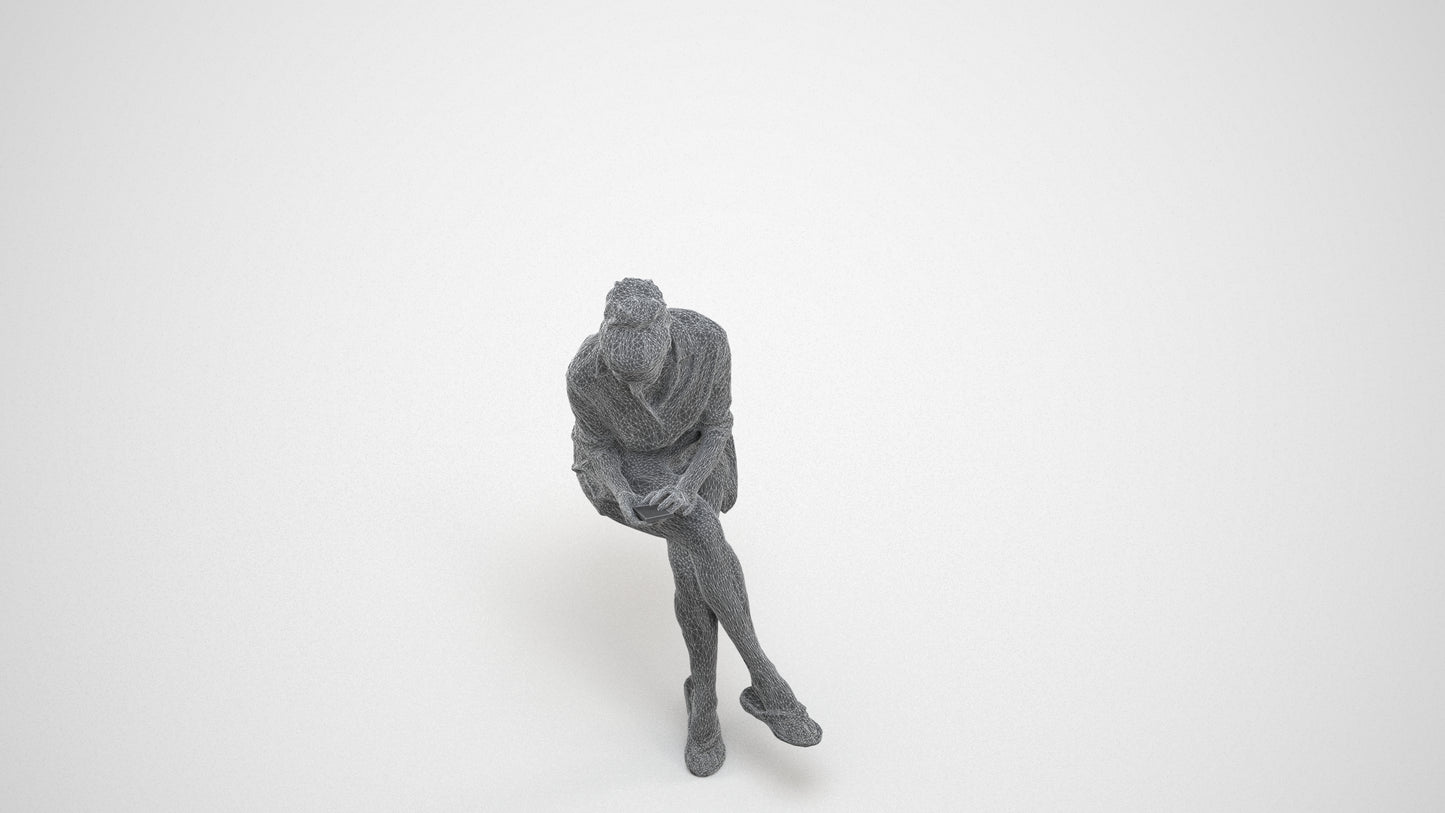scanned 3D woman casual sitting, photogrammetry people for Enscape and V-Ray, wireframe three-quarter view