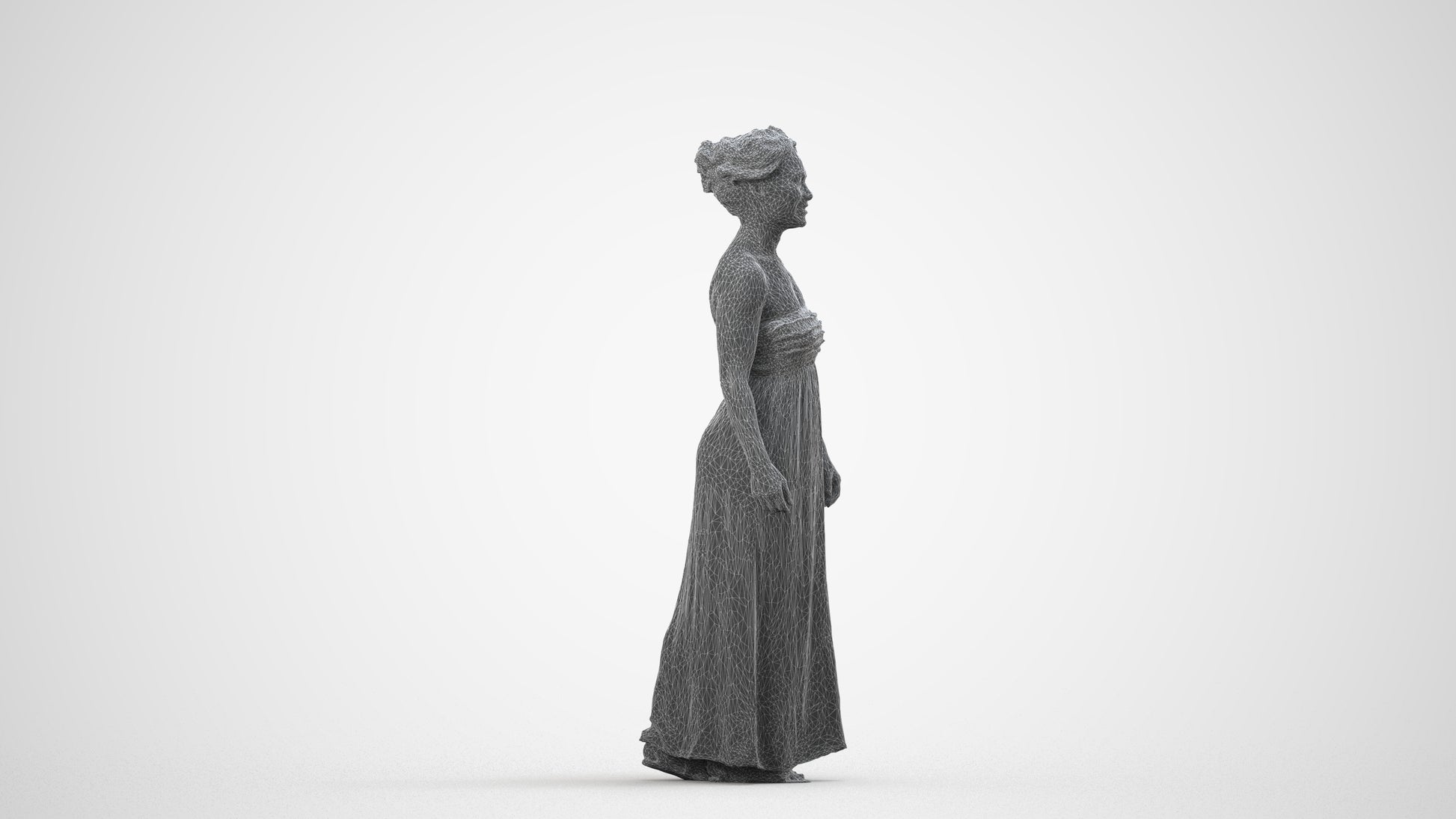 3D human model woman casual standing, photogrammetry scanned person for archviz, wireframe side view