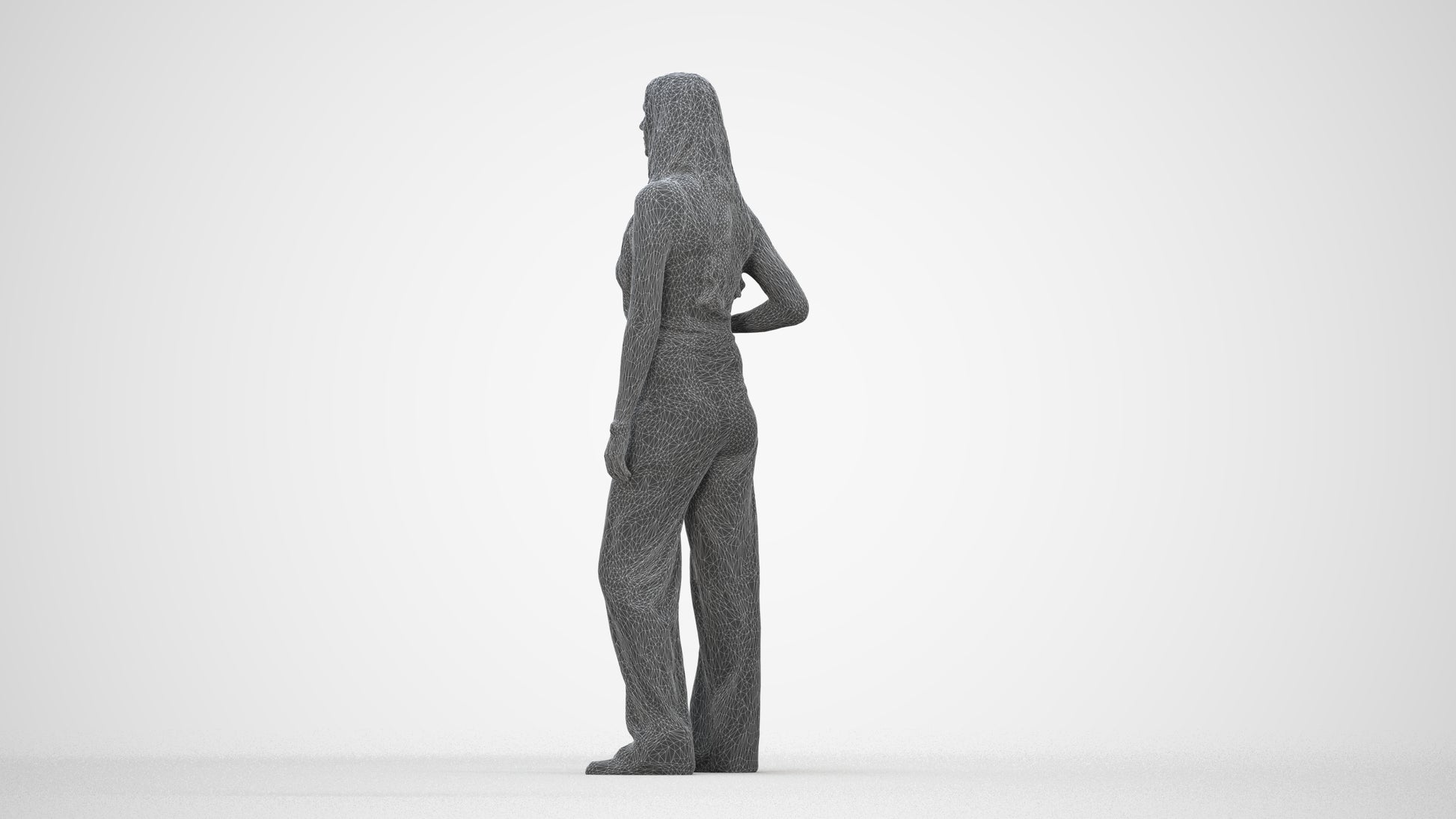 realistic 3D woman casual standing, scanned archviz people for Blender and 3ds Max, wireframe back view